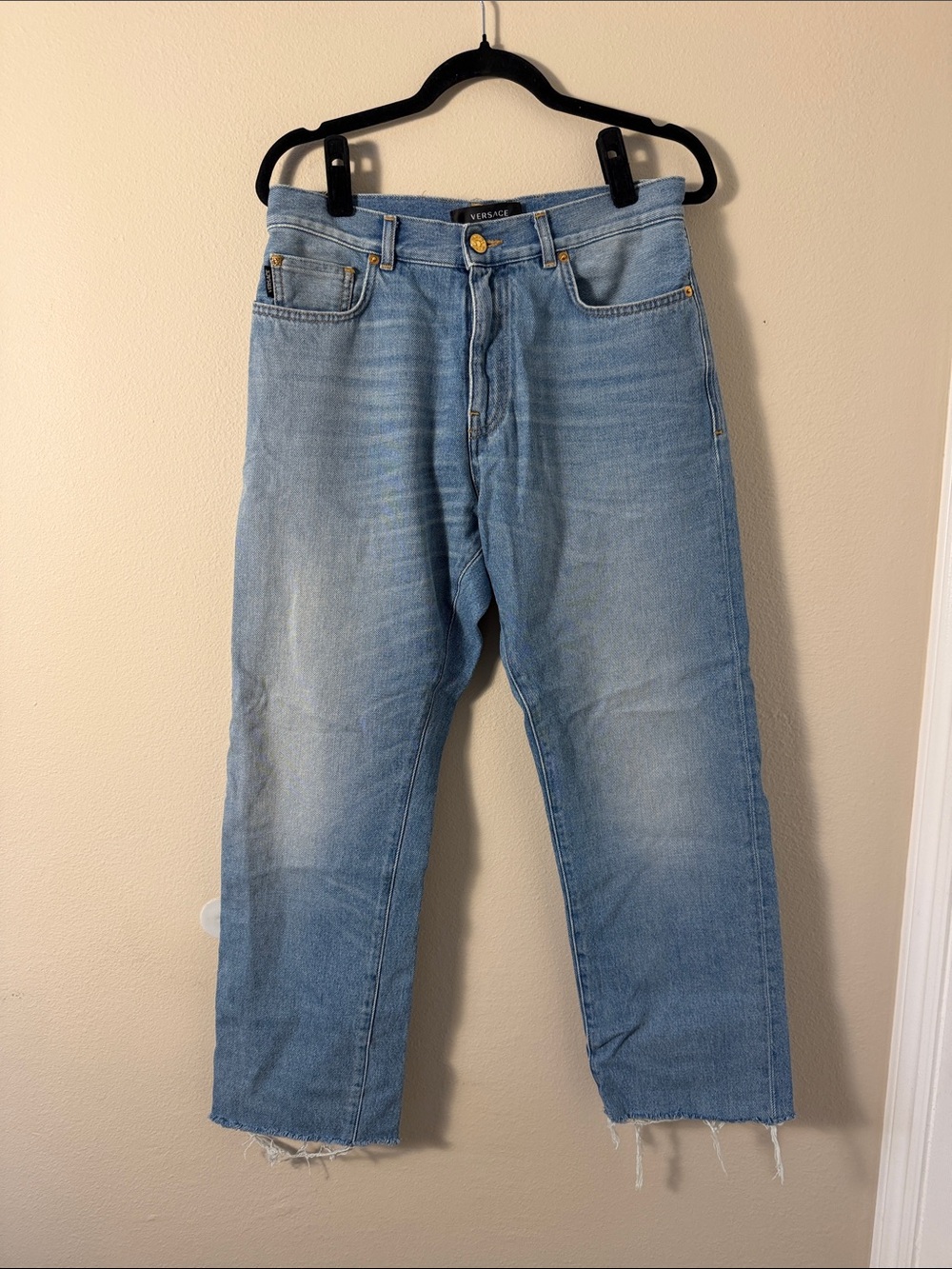 Versace Classic Light Blue Relaxed Straight Leg Raw Hemmed Jeans Size 32